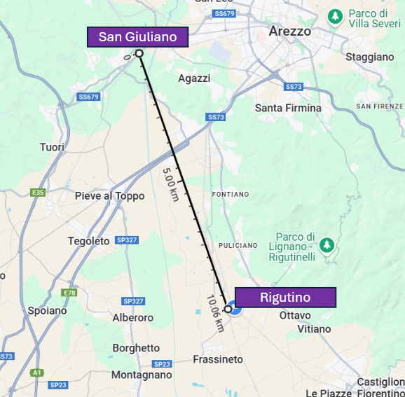 San Giuliano dista 10 km via ferro dalla location di Medioetruria a Rigutino